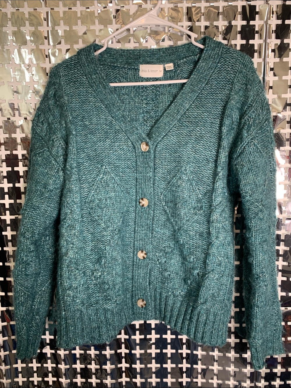 Mia & Tess Teal Cable Knit Button-Front Cardigan